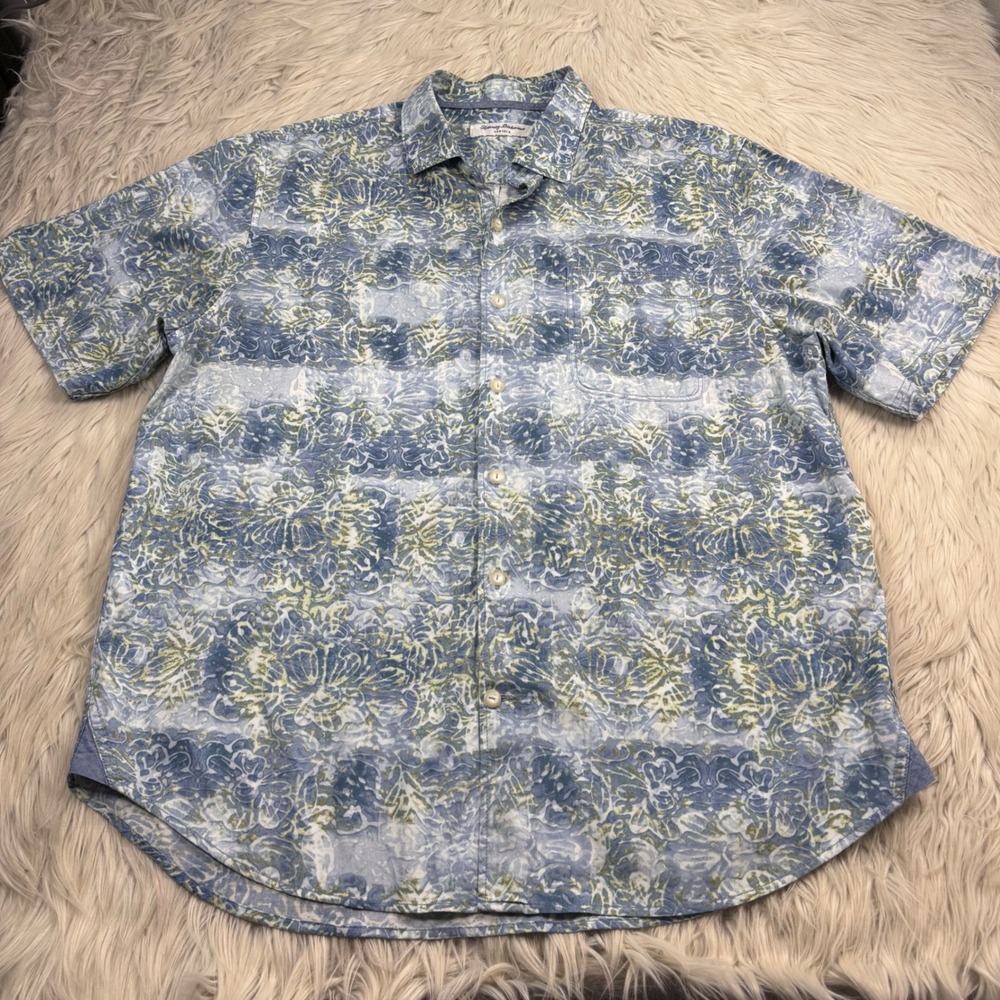 Tommy Bahama Men's L Blue Abstract Floral Tortola Button Front Hawaiian Shirt